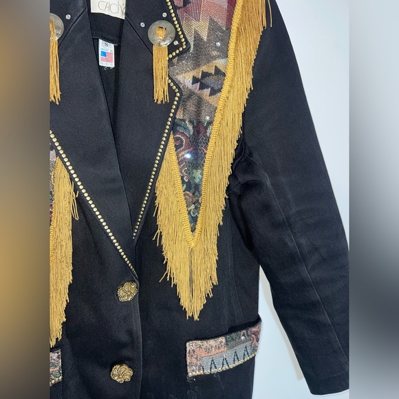 CACHE VINTAGE western Black and Gold Fringed Women's Jacket small - Picture 13 of 16